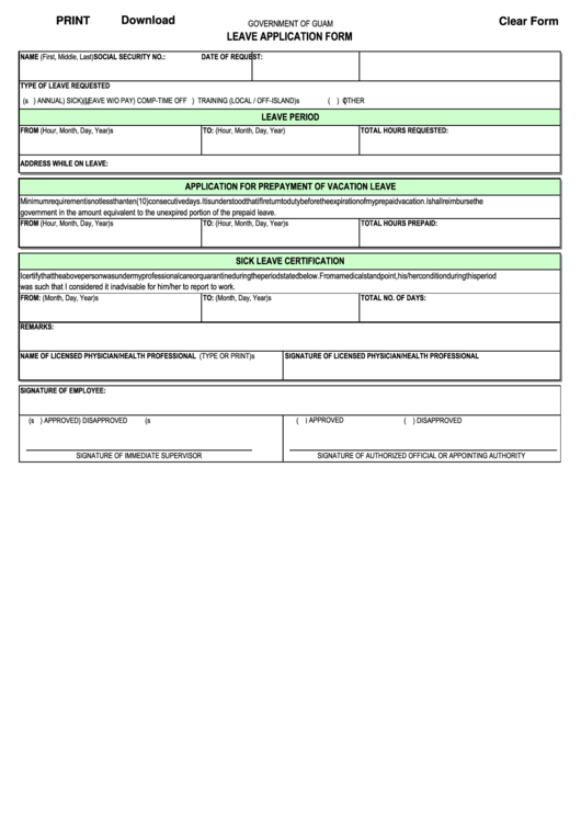 Fillable Government Of Guam - Leave Application Form Printable pdf