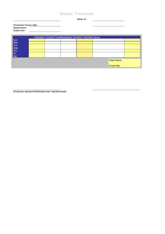 Weekly Timesheet Template - Blue And Yellow Printable pdf