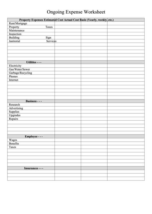 Ongoing Expense Worksheet Printable pdf