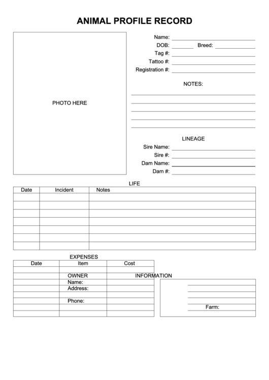 Animal Profile Record Form Printable pdf