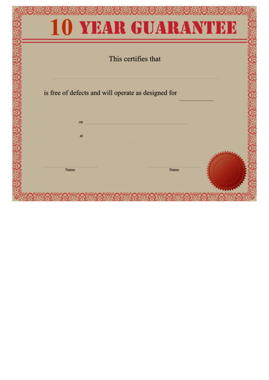 10 Year Guarantee Certificate Template Printable pdf