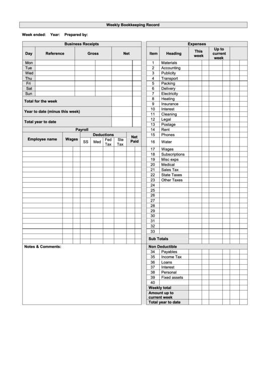 Weekly Bookkeeping Record Form Printable pdf