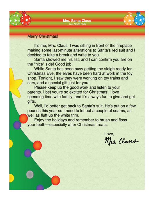 Mrs. Claus Letter Template Printable pdf
