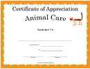 Animal Care Appreciation Certificate