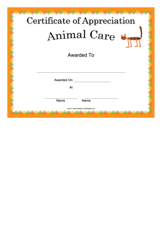 Animal Care Appreciation Certificate Printable pdf