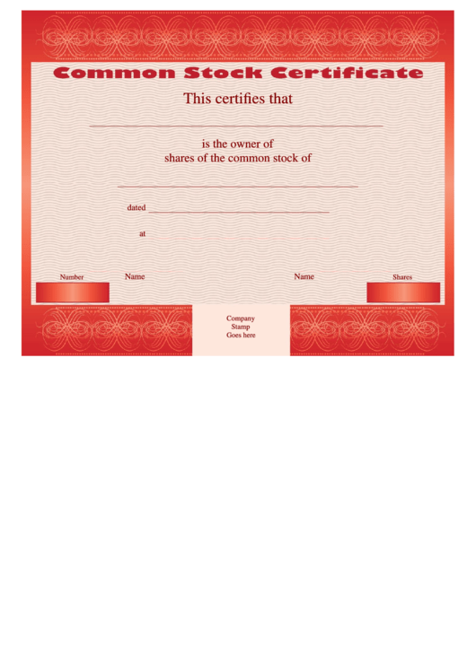 Common Stock Certificate - Red Printable pdf