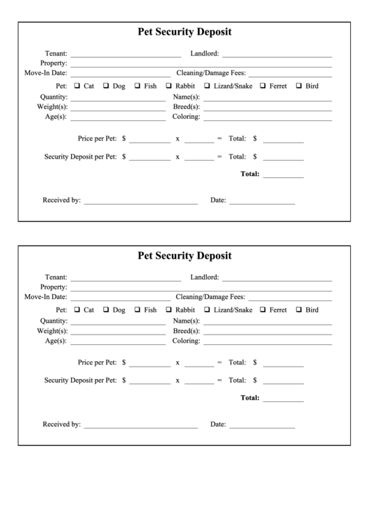 Pet Security Deposit Form Printable pdf