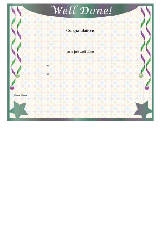Well Done Certificate Template Printable pdf