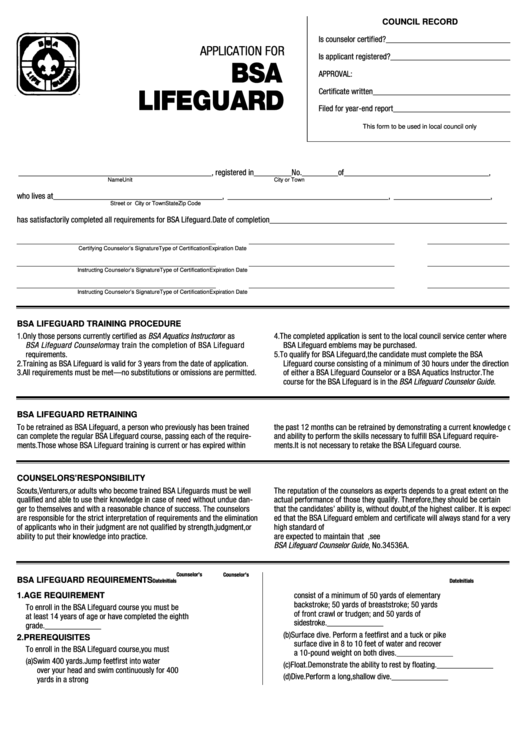 Application For Bsa Lifeguard Printable pdf