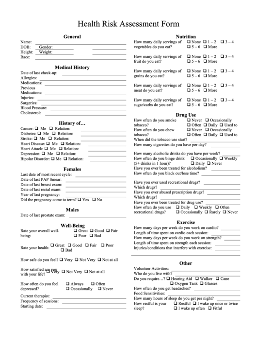Health Risk Assessment Form Printable pdf