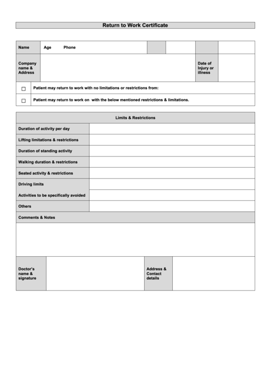 Return To Work Form Printable pdf