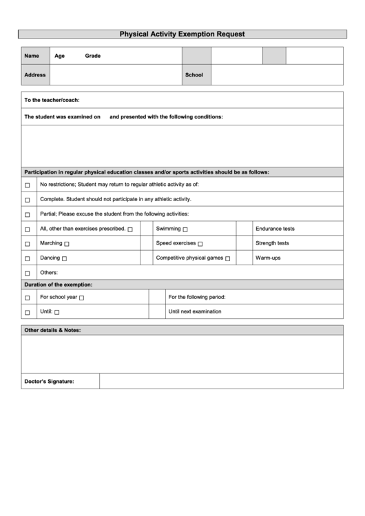 Physical Education And Sports Exemption Printable pdf