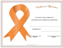 Leukemia And Lymphoma Awareness Support Certificate