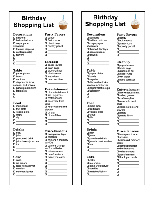 Birthday Shopping List Template Printable pdf