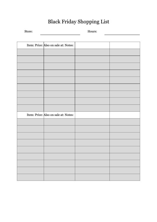 Black Friday Shopping List Printable pdf