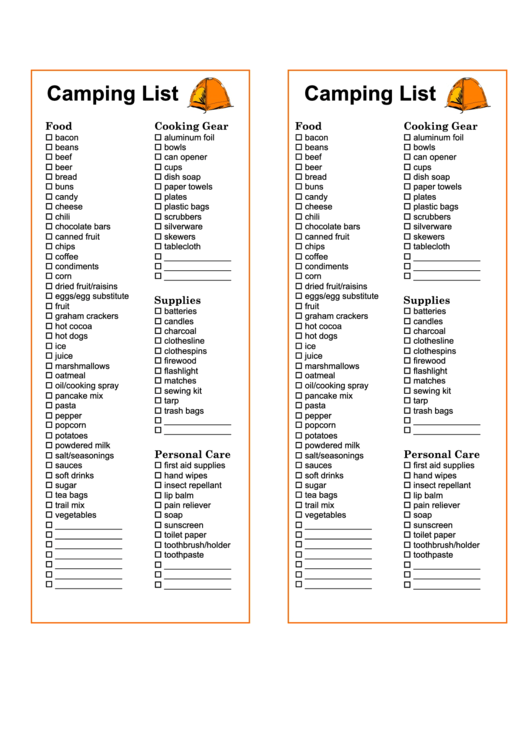 Camping Packing List Template Printable pdf