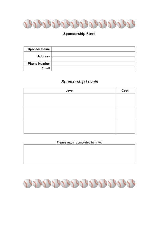 Sponsorship Form - Baseball Printable pdf