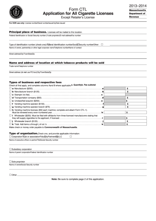 Fillable Form Ctl - Application For All Cigarette Licenses - Except Retailer