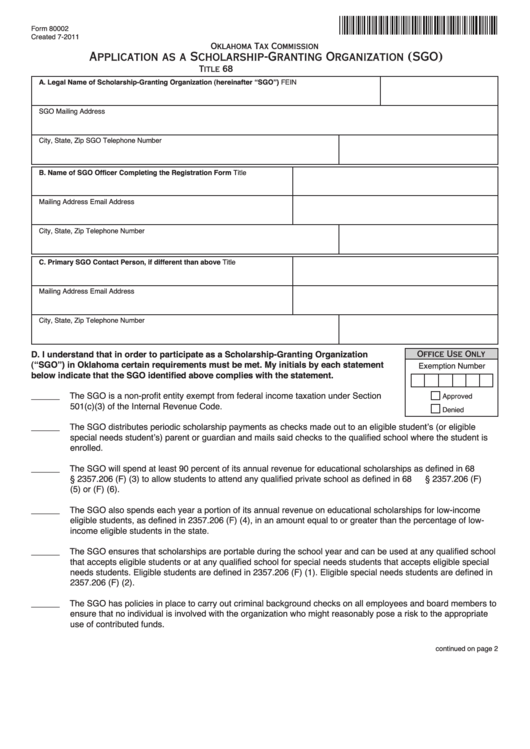 Fillable Form 80002 - Application As A Scholarship-Granting Organization (Sgo) Printable pdf