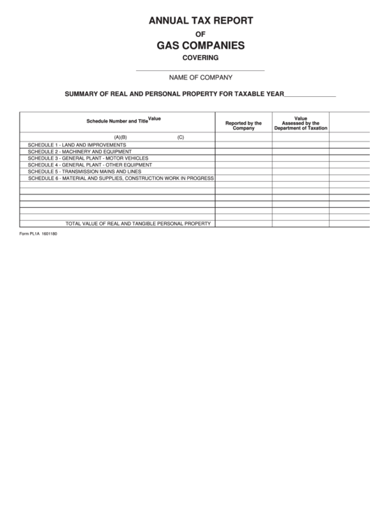 Fillable Form Pl1a - Annual Tax Report Of Gas Companies Printable pdf