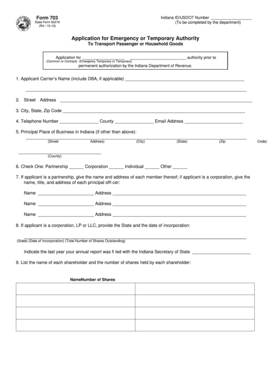 Fillable Form 703 - Application For Emergency Or Temporary Authority - To Transport Passenger Or Household Goods Printable pdf