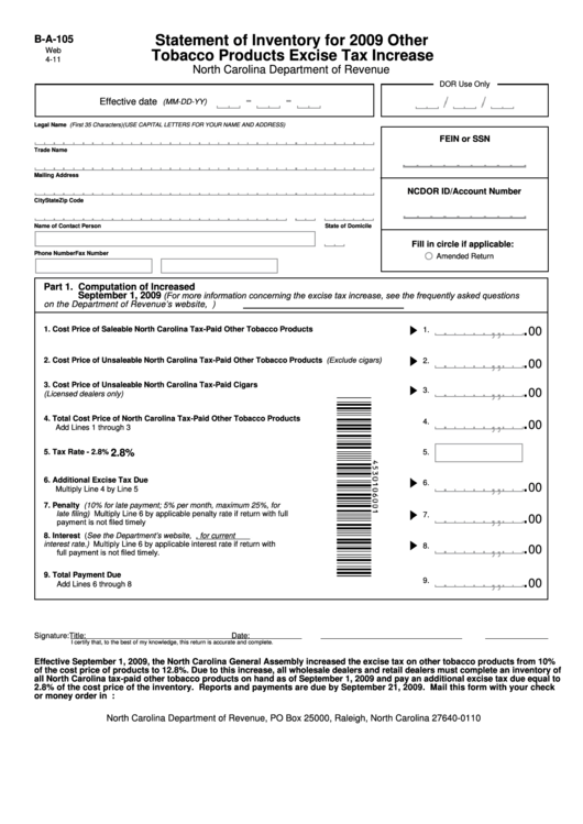 Fillable Form B-A-105 - Statement Of Inventory For 2009 Other Tobacco Products Excise Tax Increase Printable pdf