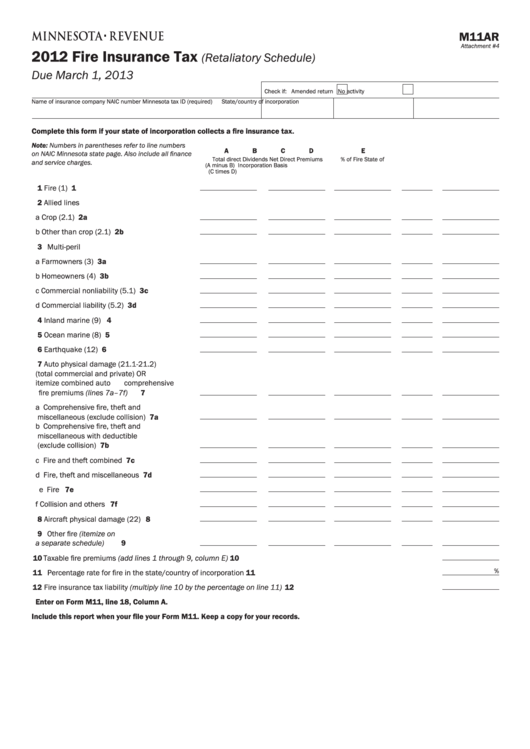 Fillable Form M11ar - Fire Insurance Tax (Retaliatory Schedule) Printable pdf