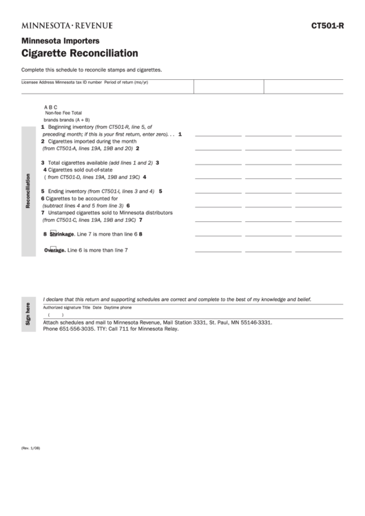 Fillable Form Ct501-R - Cigarette Reconciliation Printable pdf