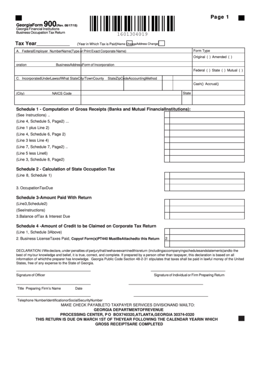 Fillable Georgia Form 900 - Georgia Financial Institutions Business Occupation Tax Return Printable pdf