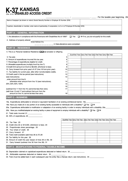 Fillable Schedule K-37 - Kansas Disabled Access Credit Printable pdf