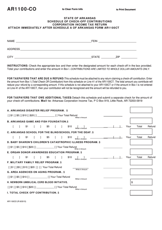Fillable Form Ar1100-Co - Schedule Of Check-Off Contributions Corporation Income Tax Return Printable pdf