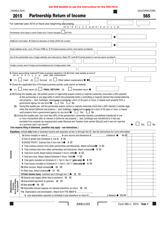 Fillable California Form 565 - Partnership Return Of Income - 2015 Printable pdf