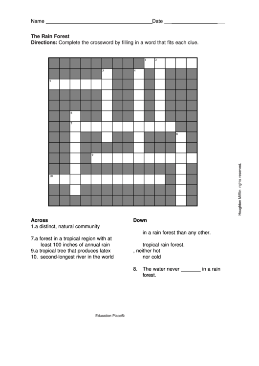 The Rain Forest Crossword Puzzle Template Printable pdf