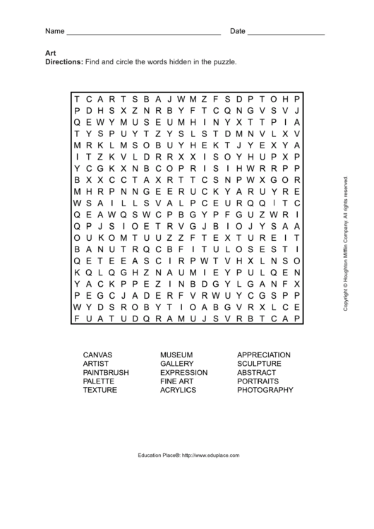 Art Word Search Puzzle Template Printable pdf