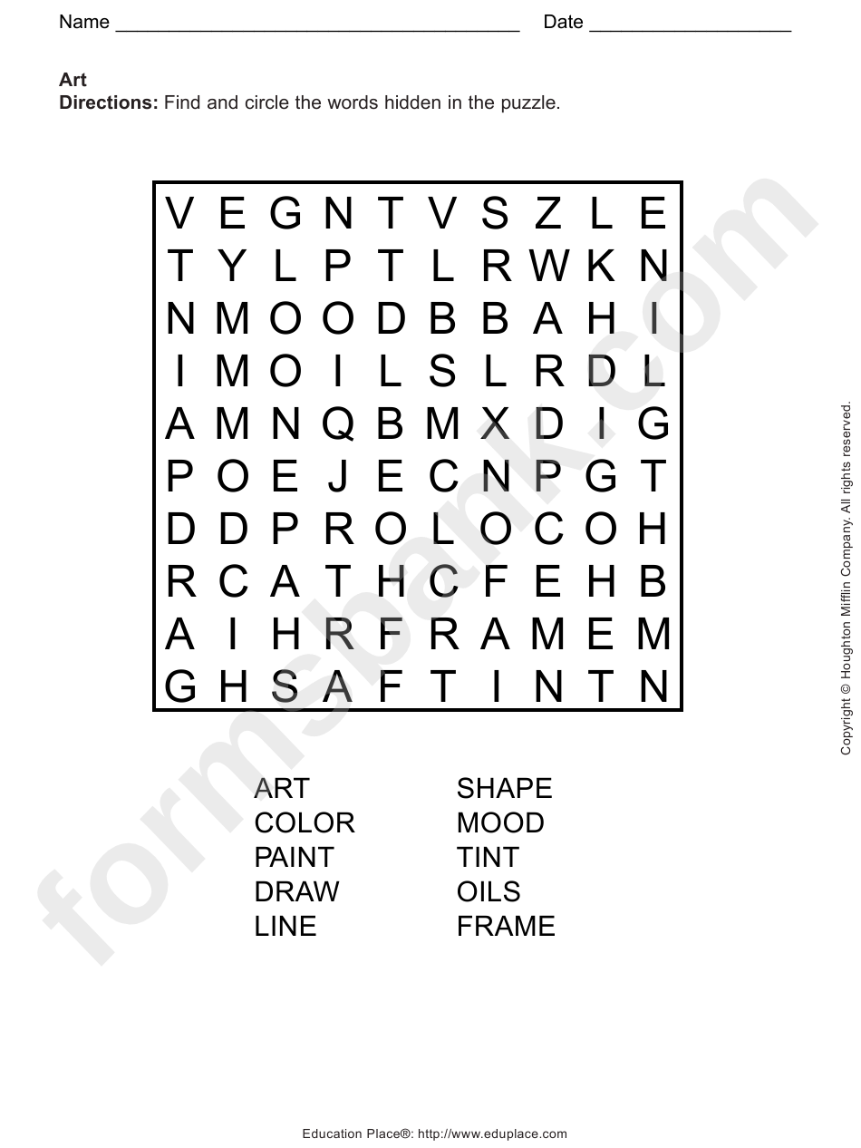 Art Word Search Puzzle Template