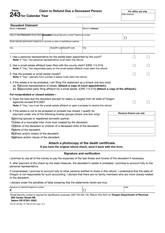 Fillable Form 243 - Claim To Refund Due A Deceased Person - Oregon Department Of Revenue Printable pdf