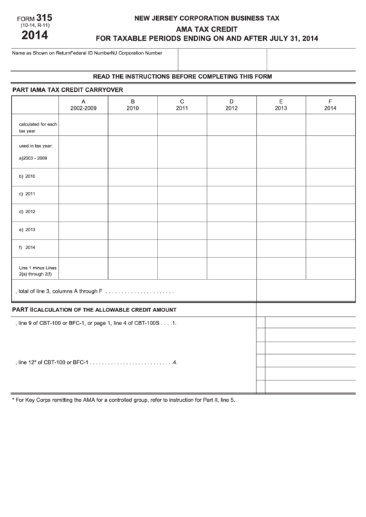 Fillable Form 315 - Ama Tax Credit - New Jersey Corporation Business Tax - 2014 Printable pdf