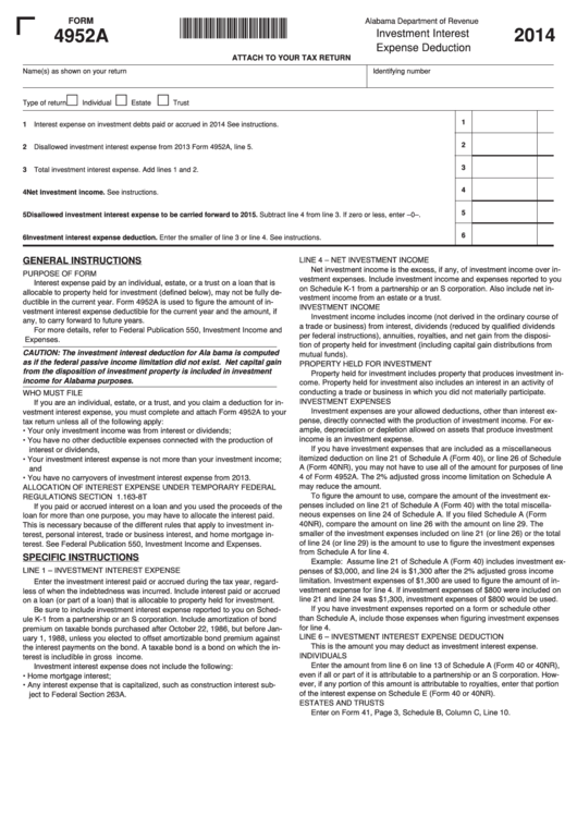 Form 4952a - Alabama Investment Interest Expense Deduction - 2014 Printable pdf