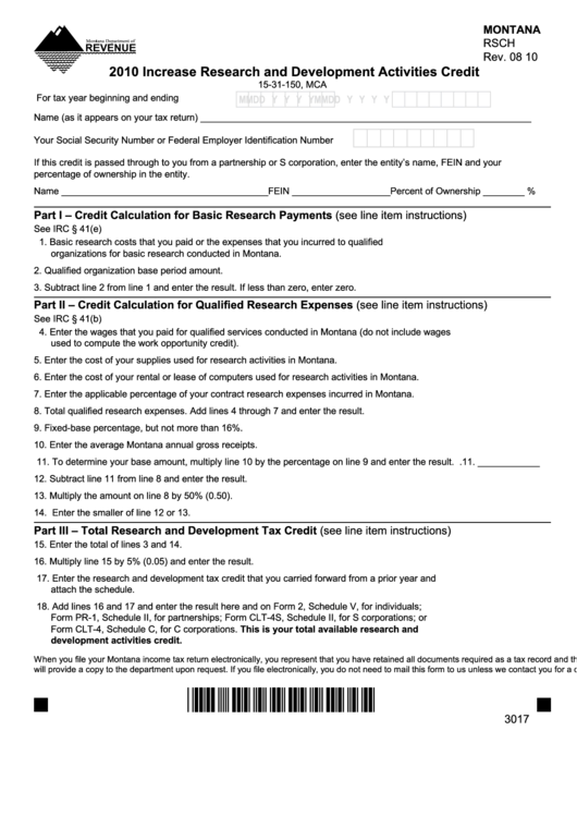 Fillable Form Rsch - Increase Research And Development Activities Credit - Montana Department Of Revenue - 2010 Printable pdf
