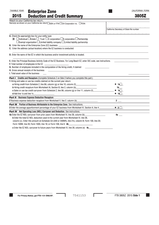 Fillable Form 3805z - California Enterprise Zone Deduction And Credit Summary - 2015 Printable pdf