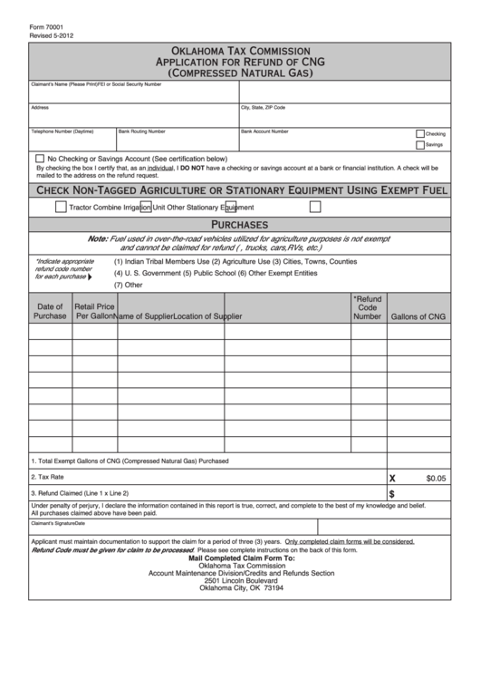 Fillable Form 70001 - Application For Refund Of Cng (Compressed Natural Gas) Printable pdf
