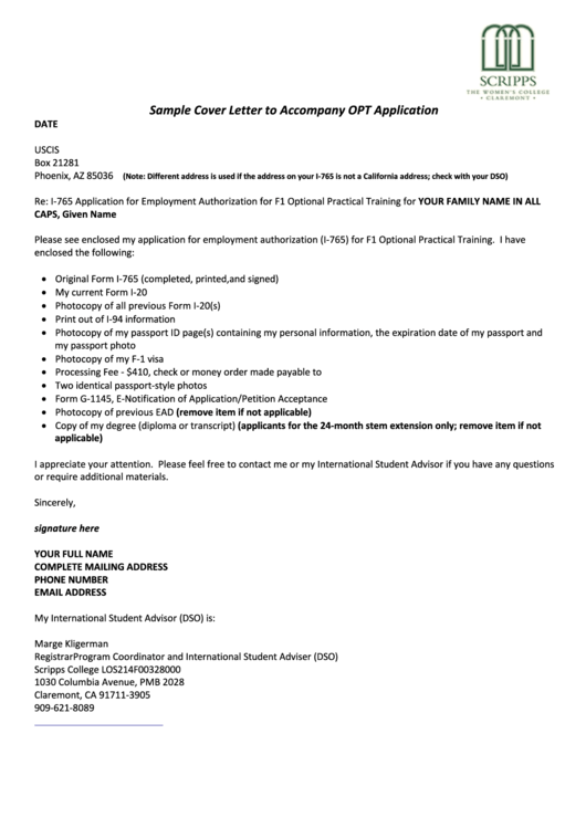 Sample Cover Letter To Accompany Opt Application