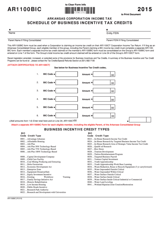 Fillable Form Ar1100bic - Schedule Of Business Incentive Tax Credits - 2015 Printable pdf