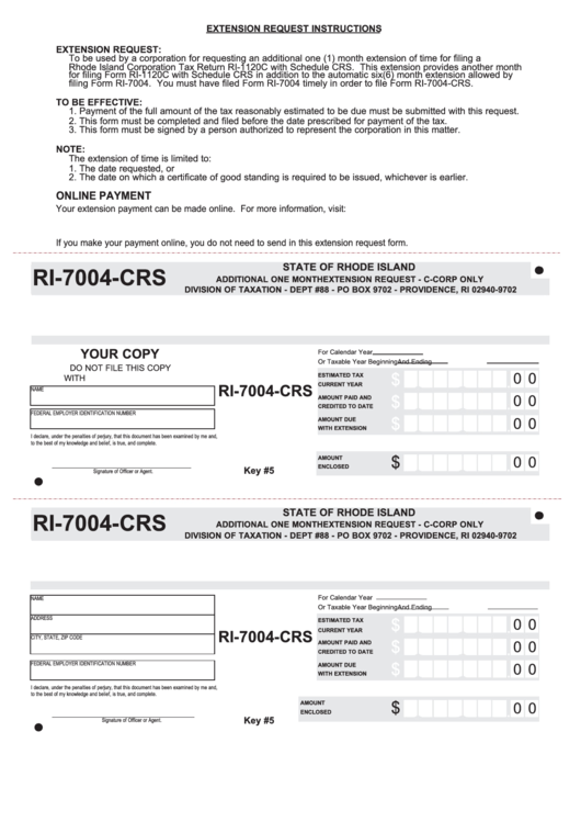 Fillable Form Ri-7004-Crs - Additional One Month Extension Request Printable pdf