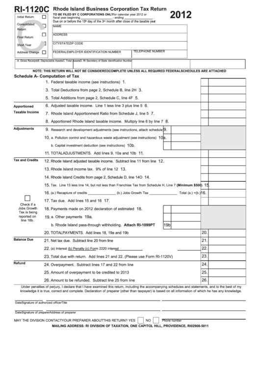 Fillable Form Ri-1120c - Rhode Island Business Corporation Tax Return - 2012 Printable pdf