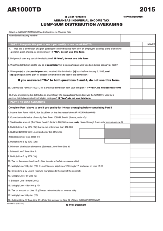 Fillable Form Ar1000td - Lump-Sum Distribution Averaging - 2015 Printable pdf