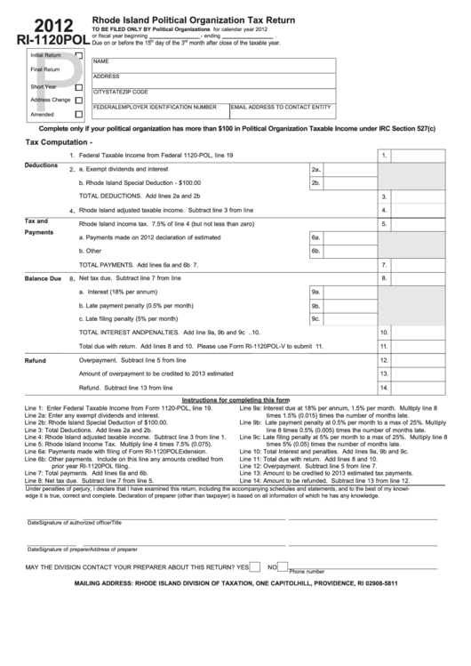 Fillable Form Ri-1120pol - Rhode Island Political Organization Tax Return - 2012 Printable pdf
