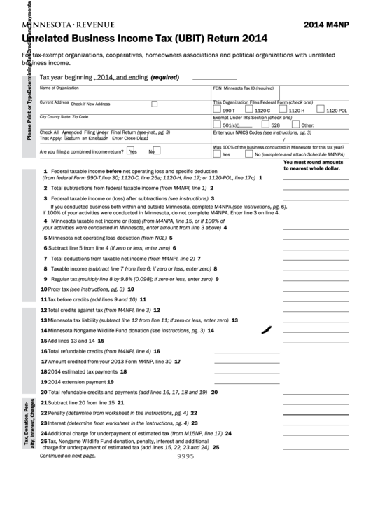 Fillable Form M4np - Minnesota Unrelated Business Income Tax (Ubit) Return - 2014 Printable pdf