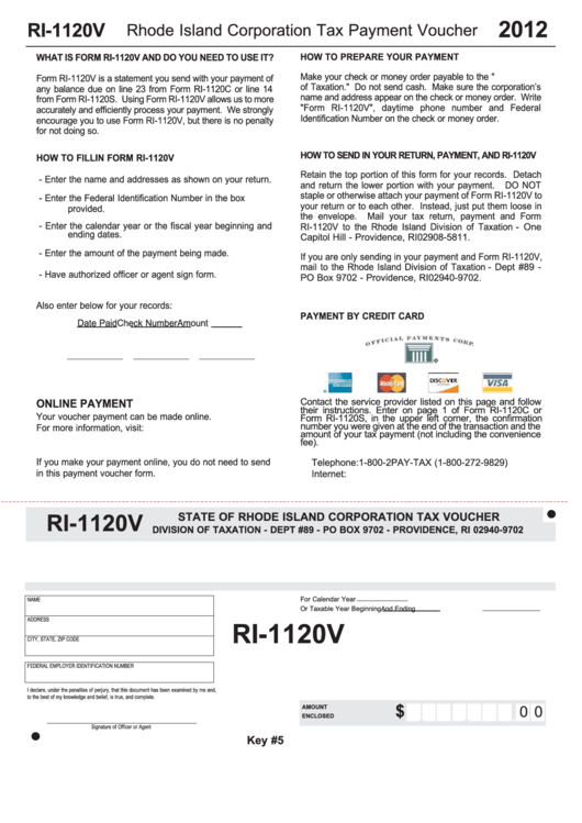 Fillable Form Ri-1120v - Rhode Island Corporation Corporation Tax Voucher - 2012 Printable pdf