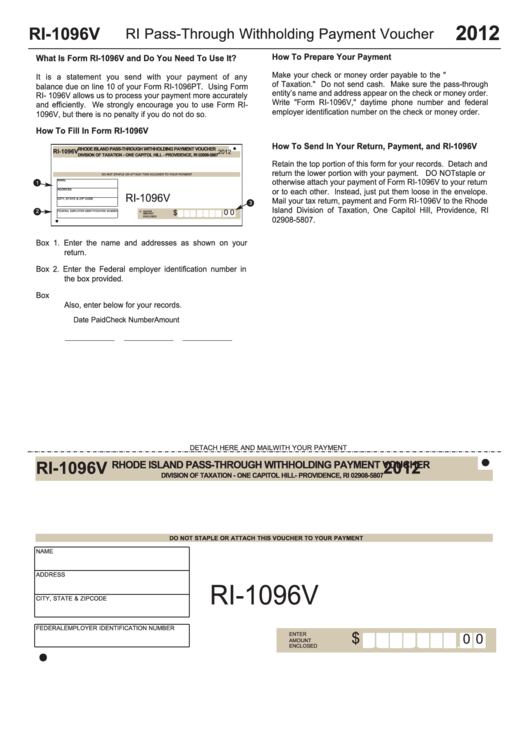 Fillable Form Ri-1096v - Rhode Island Pass-Through Withholding Payment Voucher - 2012 Printable pdf